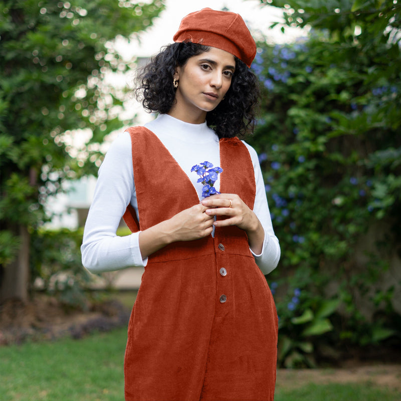 Sunset Rust Warm Cotton Corduroy Deep Neck Pinafore Jumpsuit