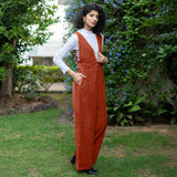 Sunset Rust Warm Cotton Corduroy Deep Neck Pinafore Jumpsuit