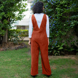 Sunset Rust Warm Cotton Corduroy Deep Neck Pinafore Jumpsuit