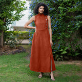 Sunset Rust Warm Cotton Corduroy High-Neck Sleeveless Slit Dress