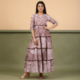 Front View of a Model wearing Taupe Shibori Tie-Dye Cotton Ankle Length Tier Bohemian Dress