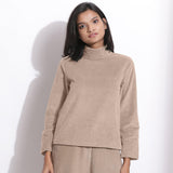 Front View of a Model wearing Taupe Beige Corduroy High Neck Top