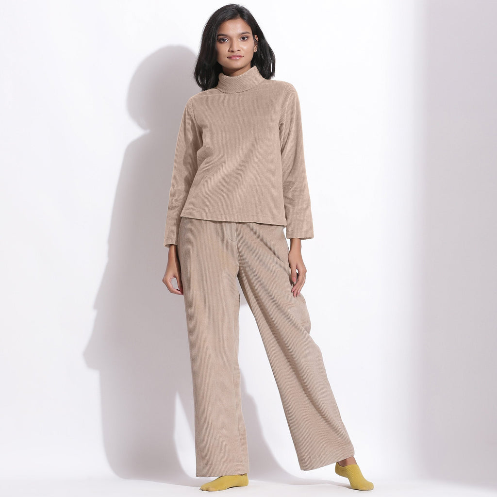 Front View of a Model wearing Taupe Beige Corduroy High Neck Top