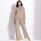Front View of a Model wearing Taupe Beige Corduroy High Neck Top