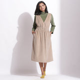 Front View of a Model wearing Taupe Beige Warm Cotton Corduroy Pinafore Midi Dress