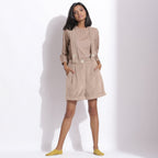 Front View of a Model wearing Taupe Beige Cotton Corduroy Short Dungaree
