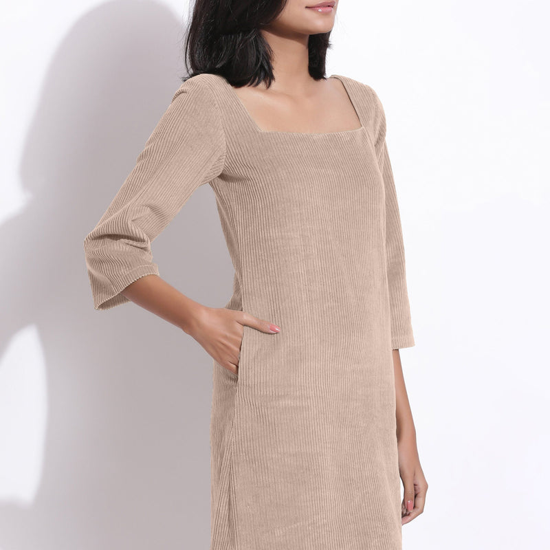 Front Detail of a Model wearing Taupe Beige Cotton Corduroy Square Neck Dress