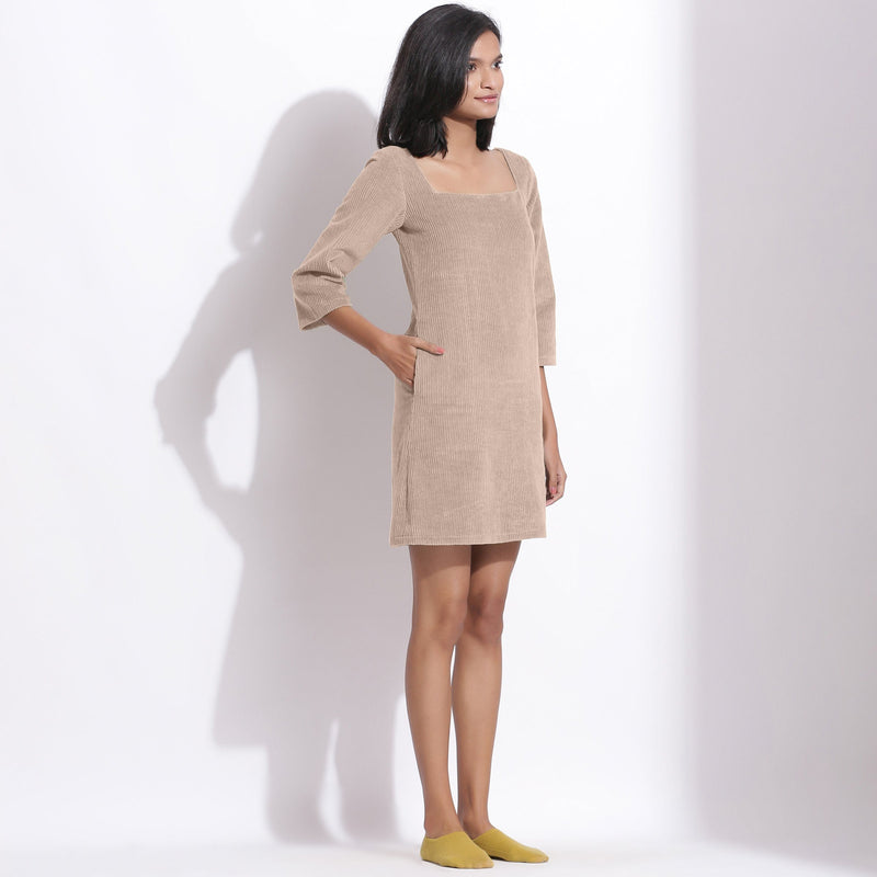 Right View of a Model wearing Taupe Beige Cotton Corduroy Square Neck Dress