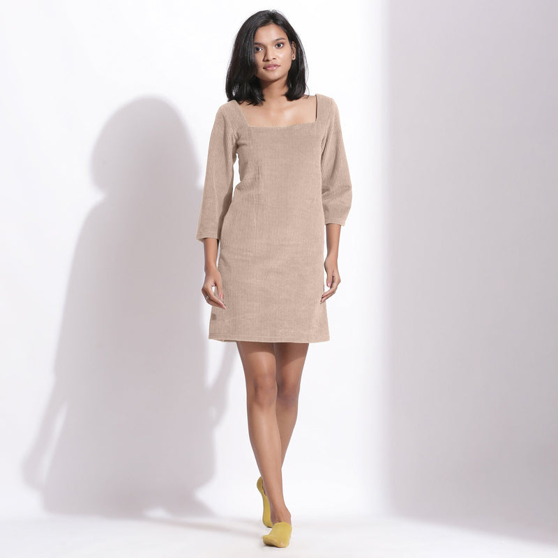 Front View of a Model wearing Taupe Beige Cotton Corduroy Square Neck Dress