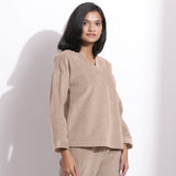 Right View of a Model wearing Taupe Beige Cotton Corduroy V-Neck Top