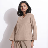 Front View of a Model wearing Taupe Beige Cotton Corduroy V-Neck Top