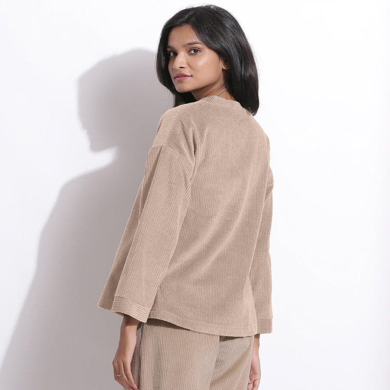 Back View of a Model wearing Taupe Beige Cotton Corduroy V-Neck Top