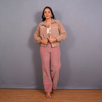 Front View of a Model wearing Taupe Warm Cotton Corduroy Short Bomber Jacket