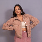 Front View of a Model wearing Taupe Warm Cotton Corduroy Short Bomber Jacket