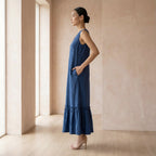 Teal 100% Cotton A-Line V-Neck Sleeveless Maxi Tier Dress