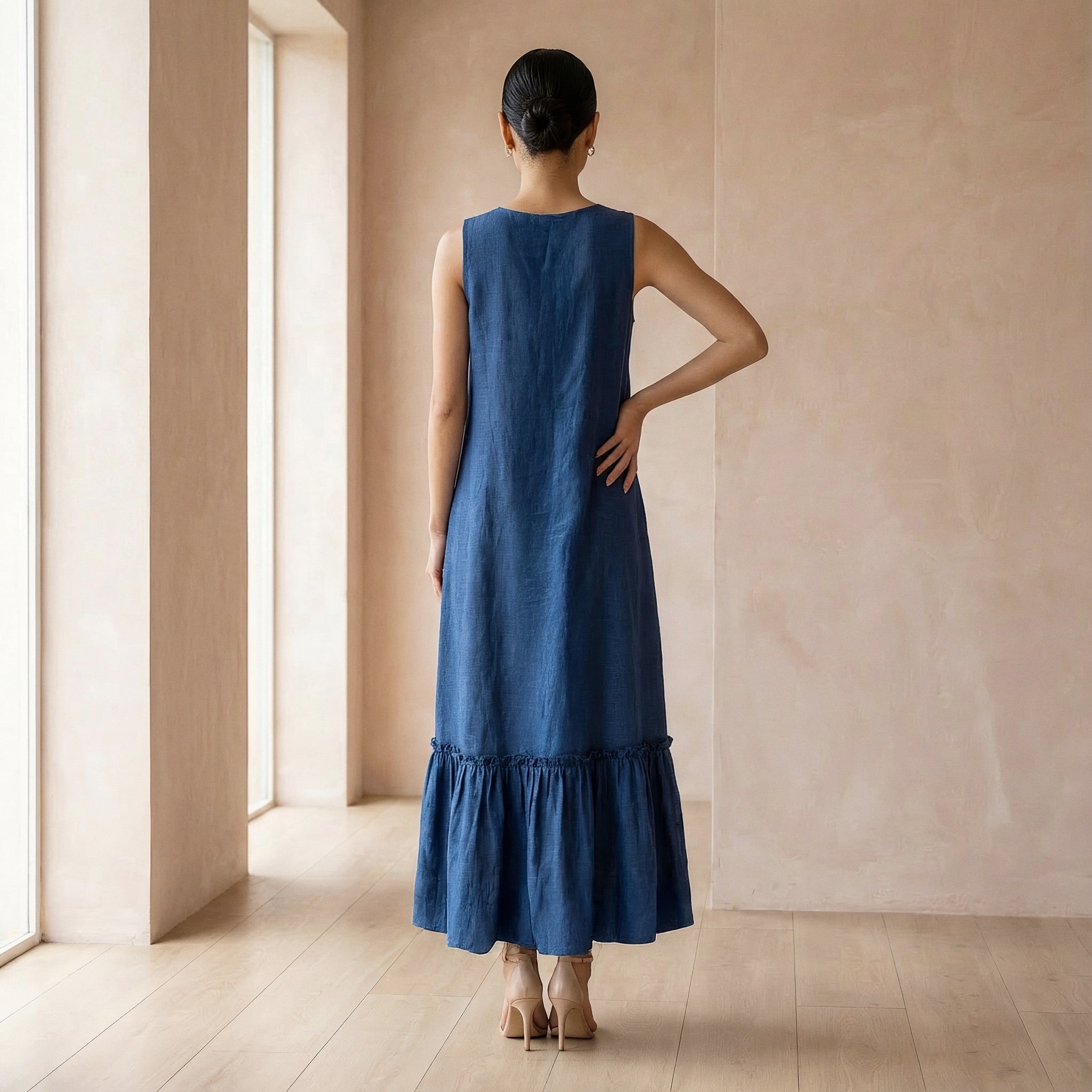 Teal 100% Cotton A-Line V-Neck Sleeveless Maxi Tier Dress