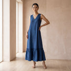 Teal 100% Cotton A-Line V-Neck Sleeveless Maxi Tier Dress