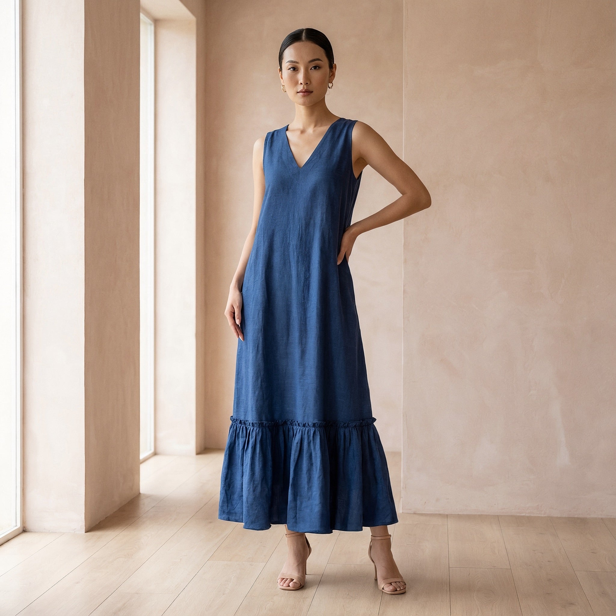 Teal 100% Cotton A-Line V-Neck Sleeveless Maxi Tier Dress