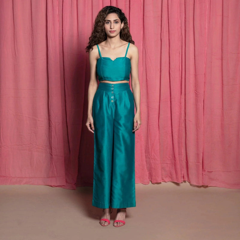 Front View of a Model wearing Teal 100% Cotton Chanderi Split Neck Crop Top