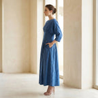 Teal 100% Cotton Cinched Waist Flared Maxi Dress