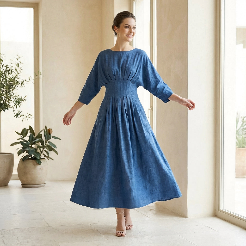 Teal 100% Cotton Cinched Waist Flared Maxi Dress
