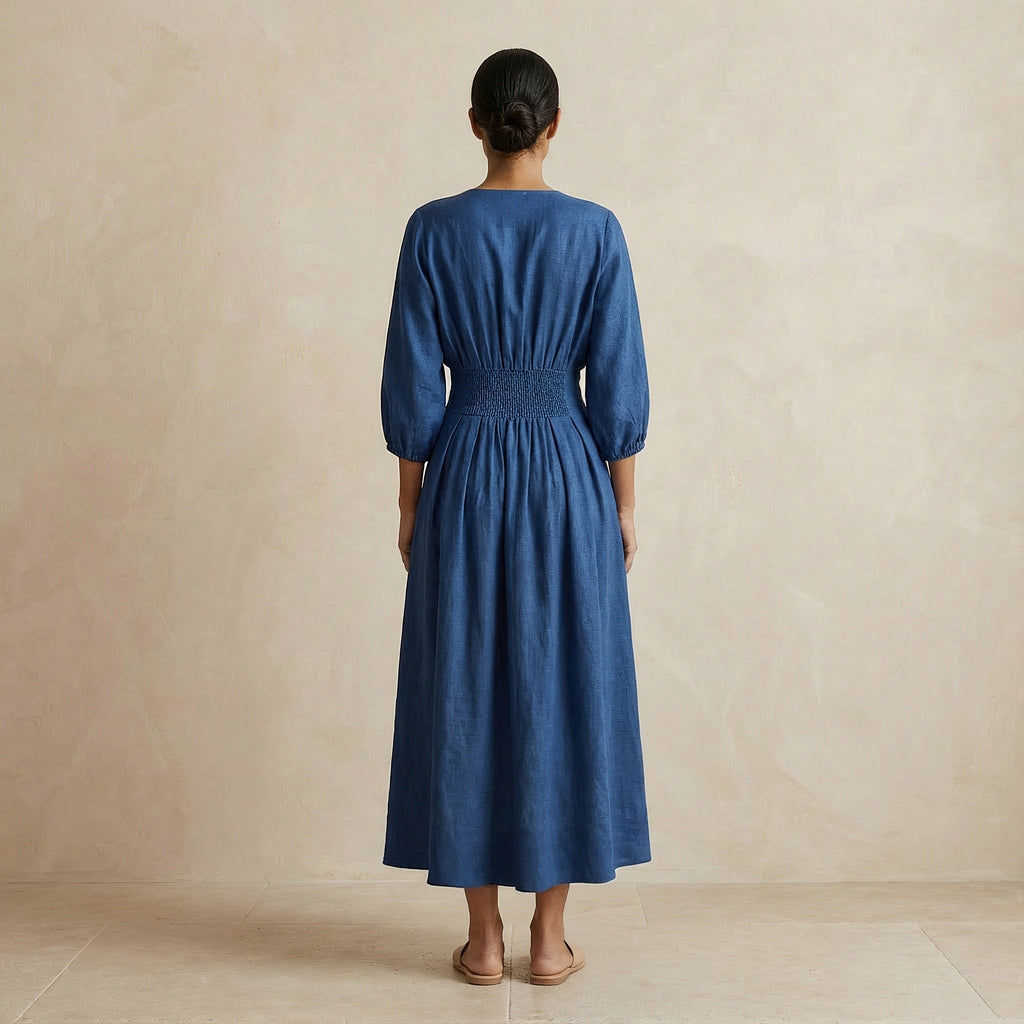 Teal 100% Cotton Deep-V Neck Empire Waist Maxi Dress
