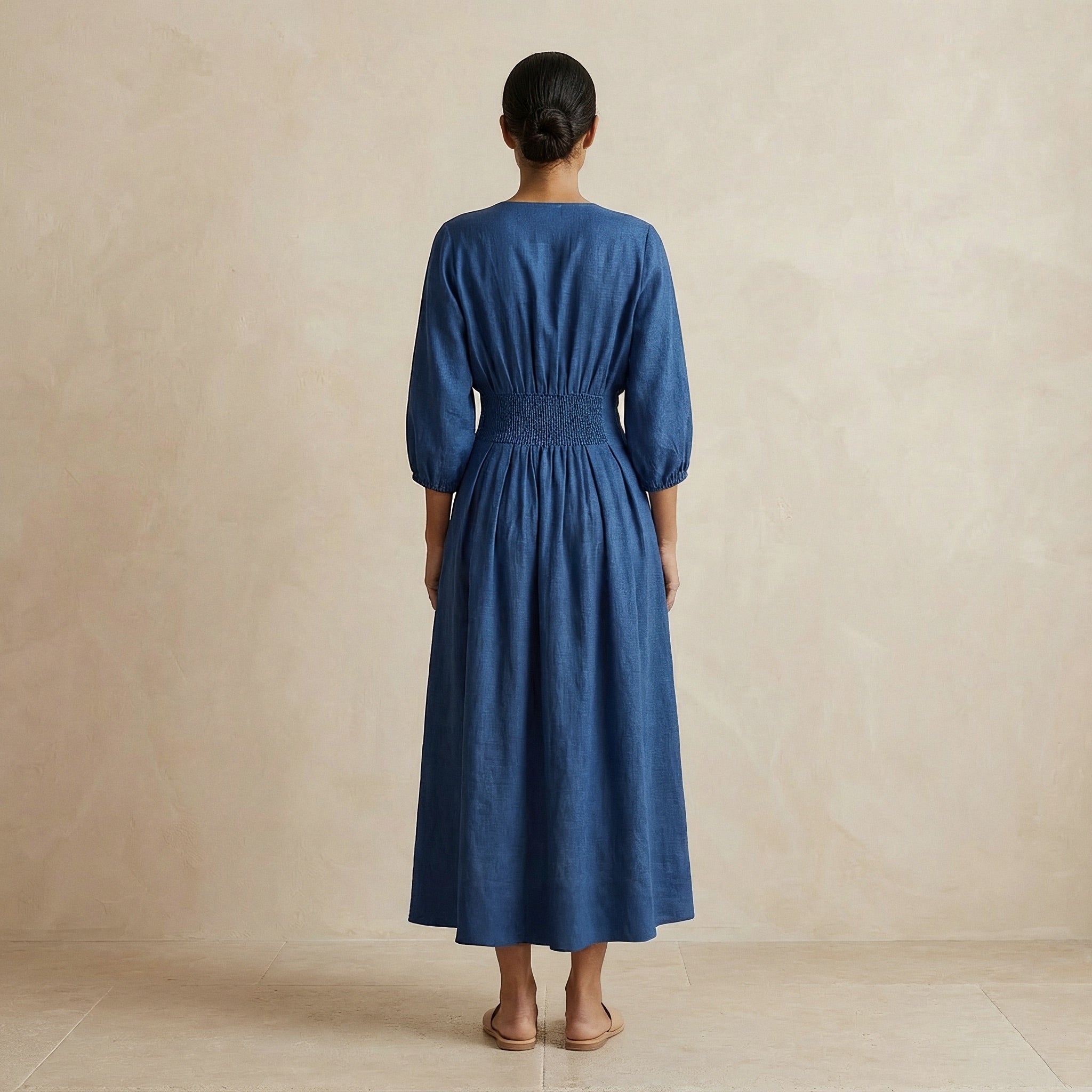 Teal 100% Cotton Deep-V Neck Empire Waist Maxi Dress