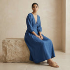 Teal 100% Cotton Deep-V Neck Empire Waist Maxi Dress
