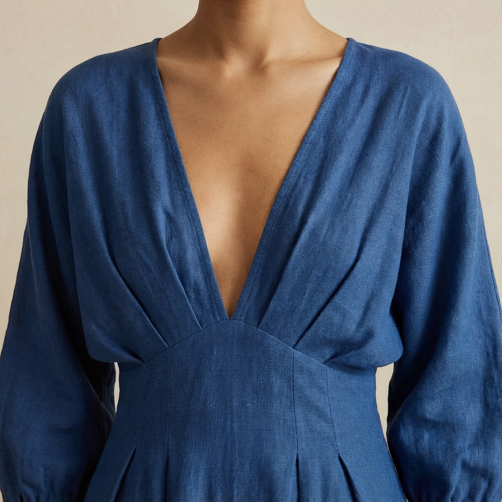 Teal 100% Cotton Deep-V Neck Empire Waist Maxi Dress