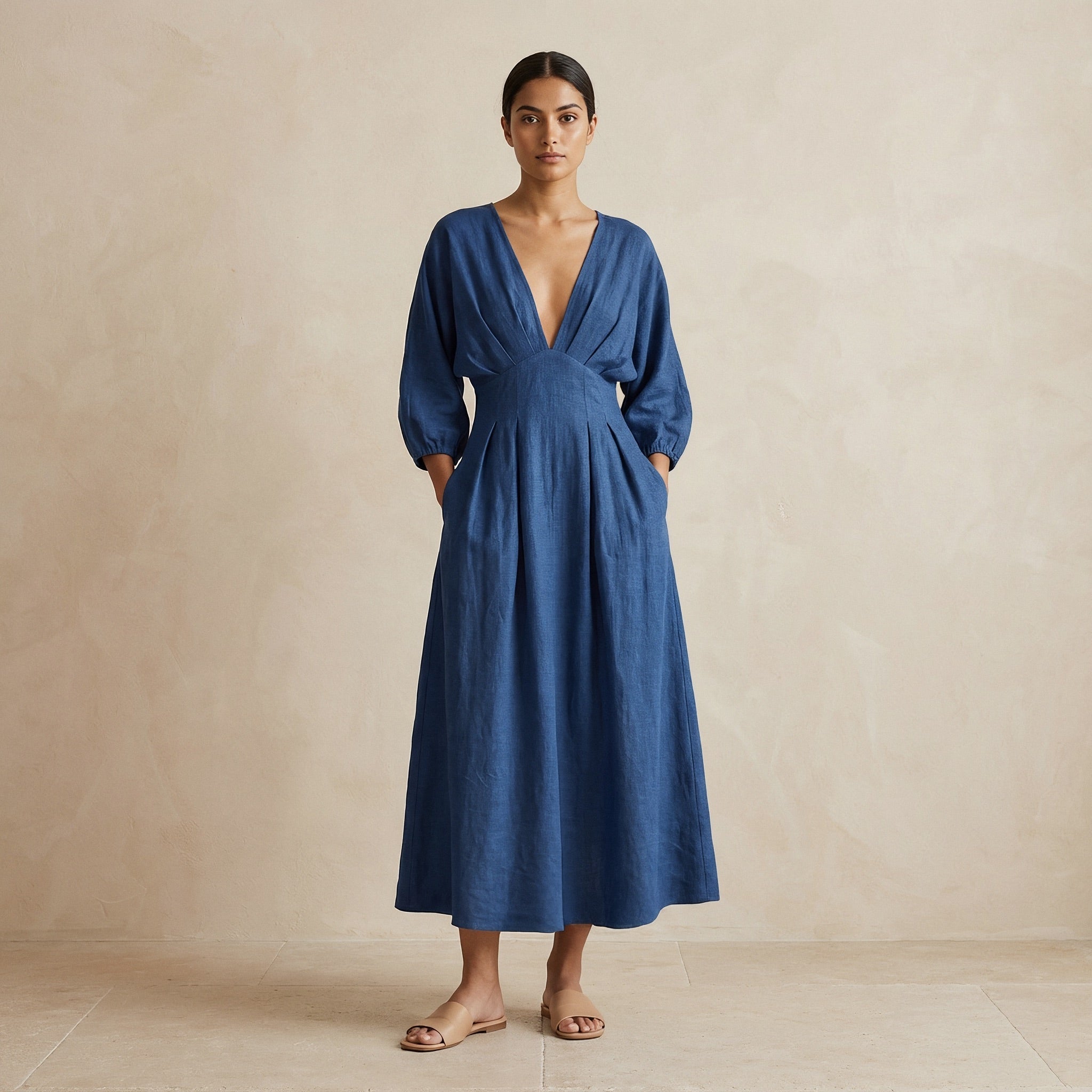 Teal 100% Cotton Deep-V Neck Empire Waist Maxi Dress