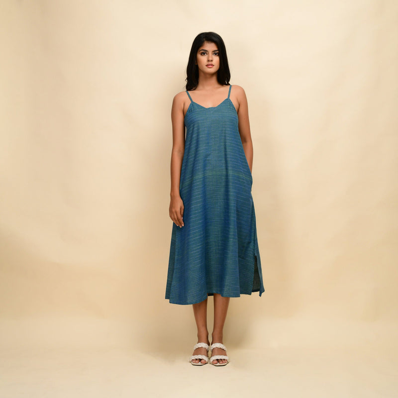 Front View of a Model wearing Teal 100% Cotton Khadi A-Line Dress