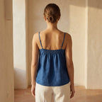 Teal 100% Cotton Spaghetti Strap Top with Elastic Gathered Back