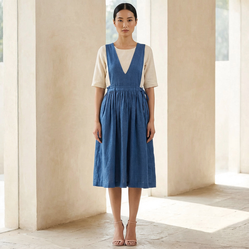 Teal 100% Cotton V-Neck Pinafore Midi Wrap Dress