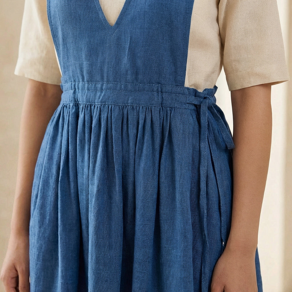 Teal 100% Cotton V-Neck Pinafore Midi Wrap Dress