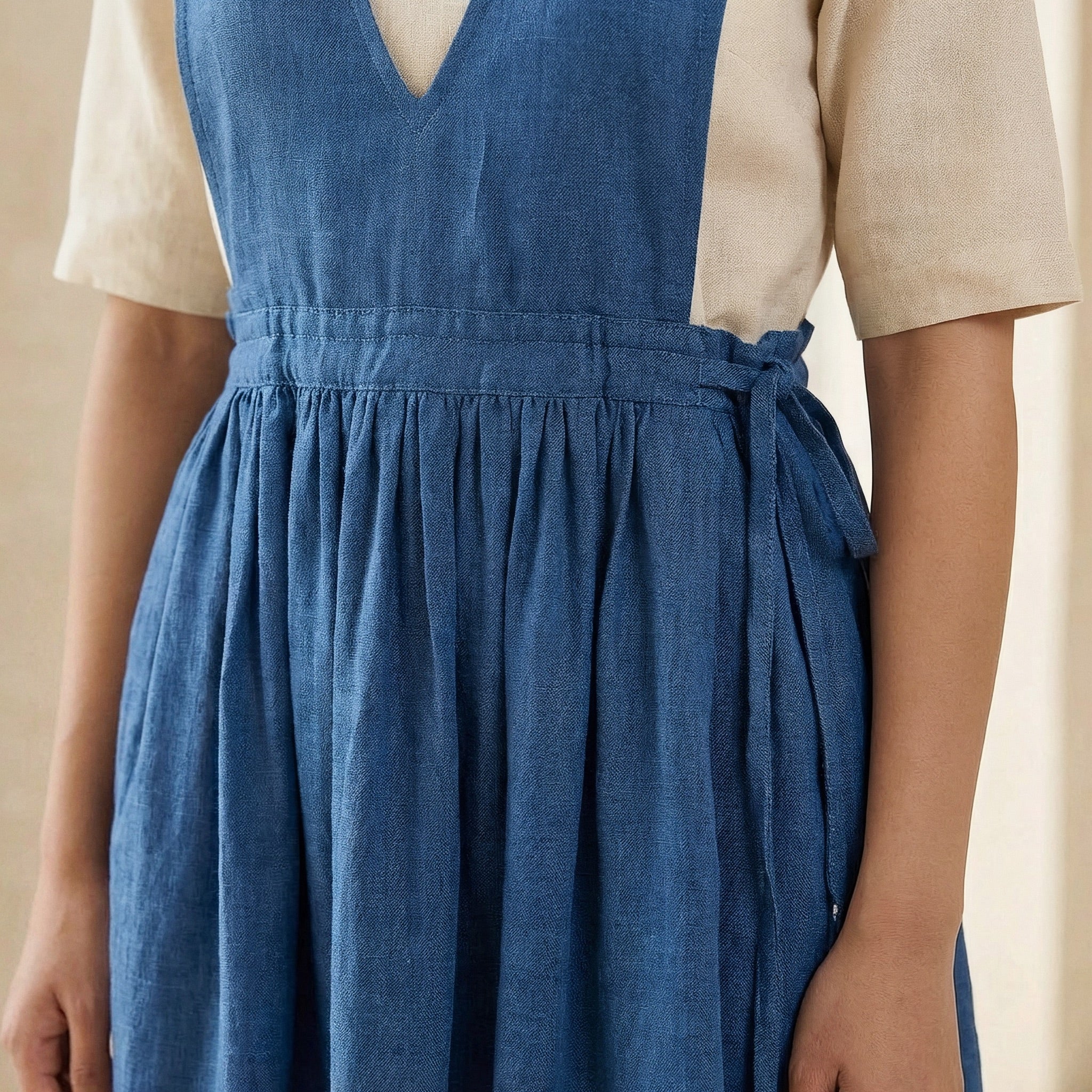Teal 100% Cotton V-Neck Pinafore Midi Wrap Dress