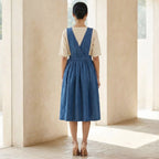 Teal 100% Cotton V-Neck Pinafore Midi Wrap Dress