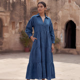 Teal Blue 100% Cotton Ankle Length Button-Down Tier Dress