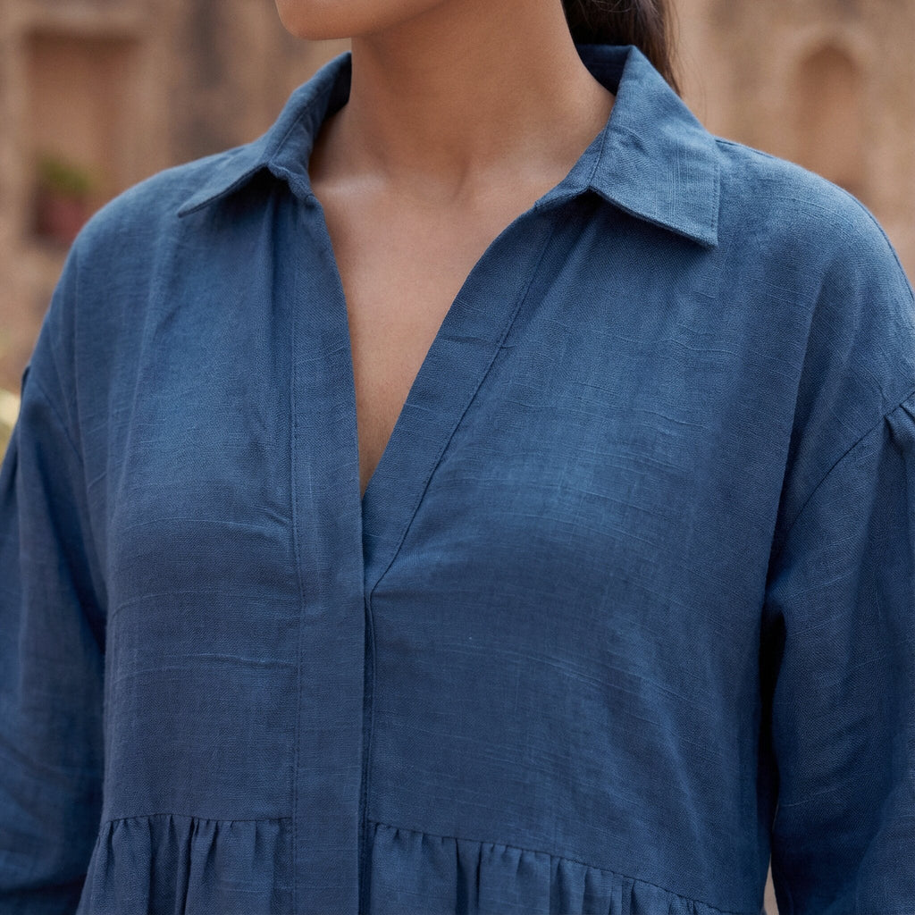 Teal Blue 100% Cotton Ankle Length Button-Down Tier Dress