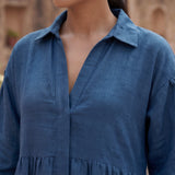 Teal Blue 100% Cotton Ankle Length Button-Down Tier Dress