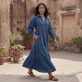 Teal Blue 100% Cotton Ankle Length Button-Down Tier Dress