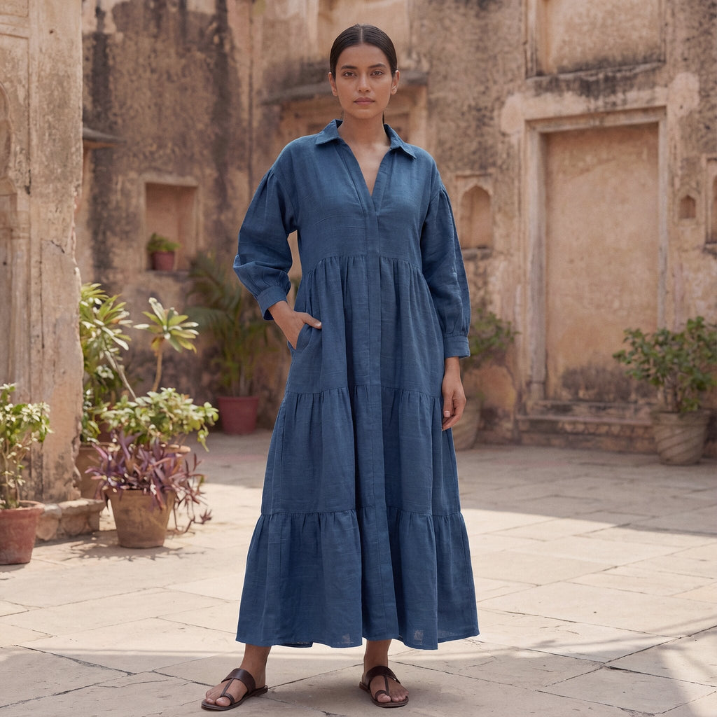 Teal Blue 100% Cotton Ankle Length Button-Down Tier Dress