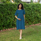 Teal Blue 100% Cotton Button-Down Knee Length Pre and Post Maternity Dress