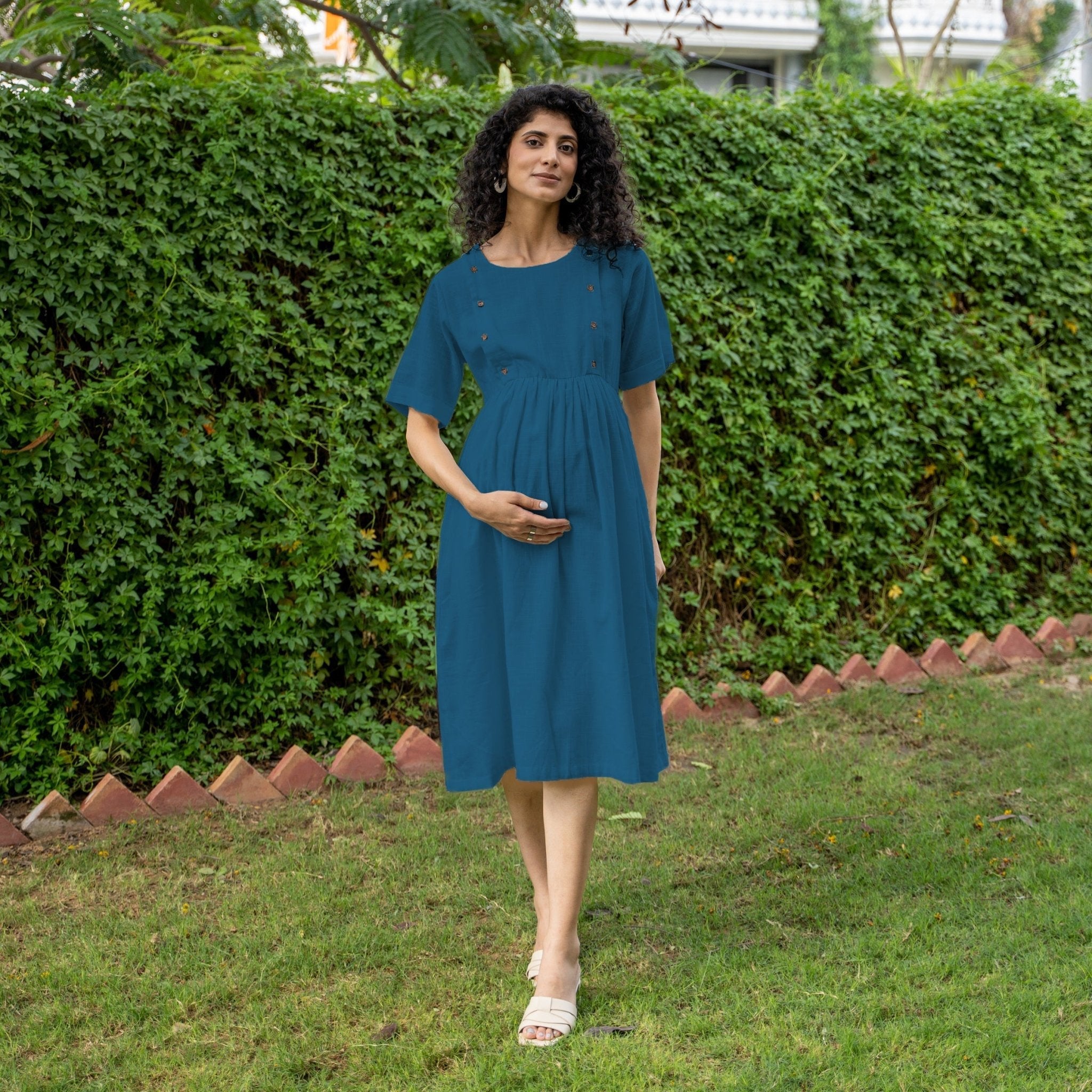 Teal Blue 100% Cotton Button-Down Knee Length Pre and Post Maternity Dress