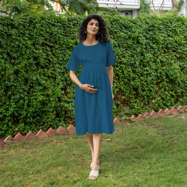 Teal Blue 100% Cotton Button-Down Knee Length Pre and Post Maternity Dress