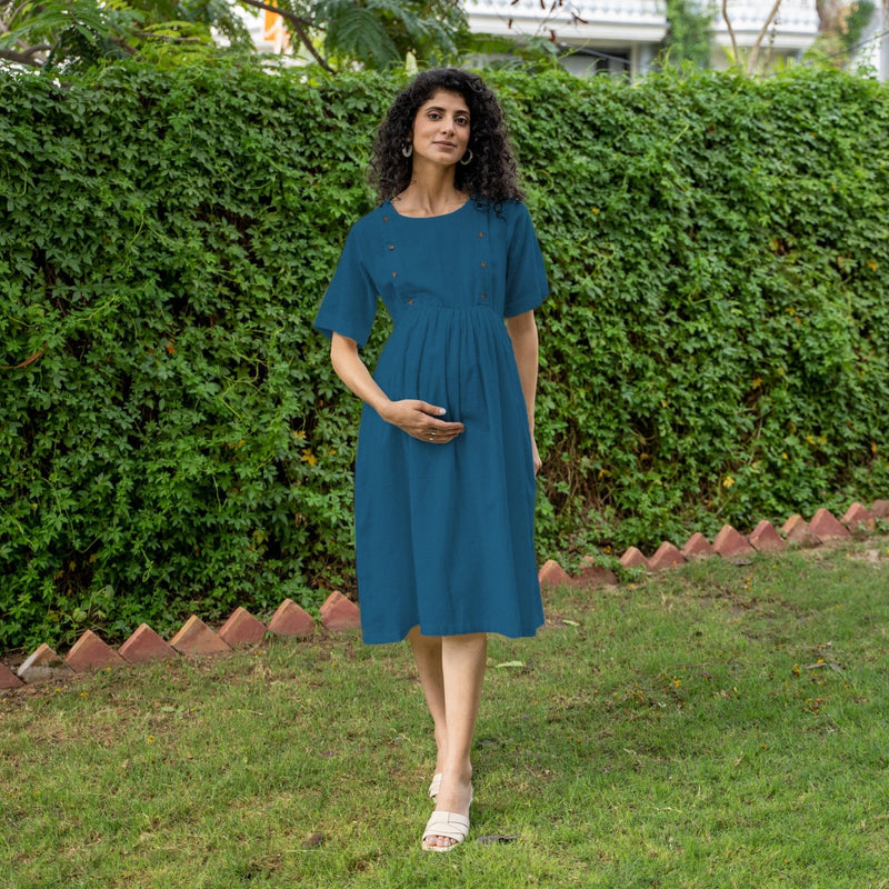 Teal Blue 100% Cotton Button-Down Knee Length Pre and Post Maternity Dress