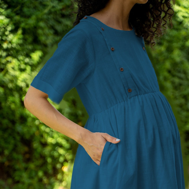 Teal Blue 100% Cotton Button-Down Knee Length Pre and Post Maternity Dress
