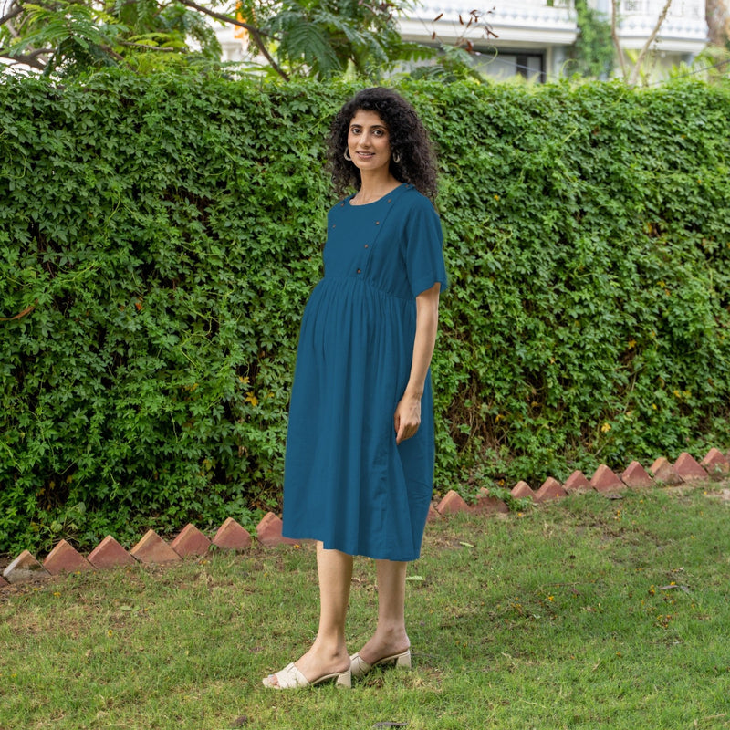 Teal Blue 100% Cotton Button-Down Knee Length Pre and Post Maternity Dress