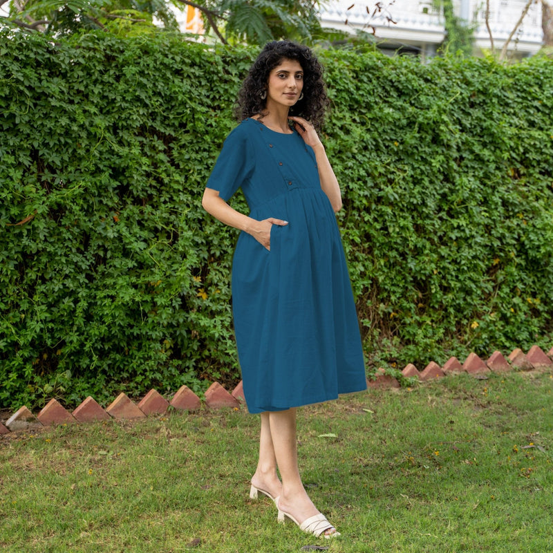 Teal Blue 100% Cotton Button-Down Knee Length Pre and Post Maternity Dress