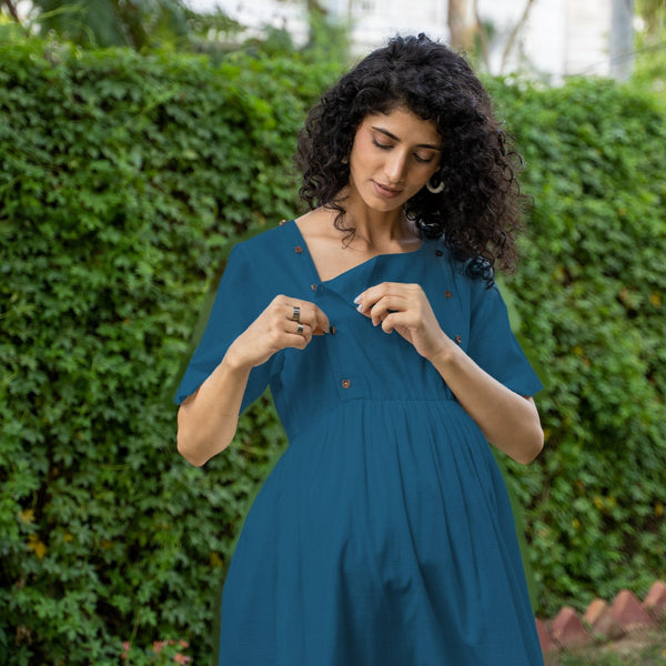 Teal Blue 100% Cotton Button-Down Knee Length Pre and Post Maternity Dress