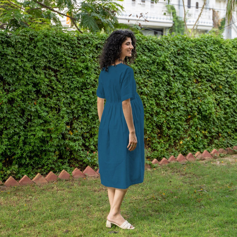 Teal Blue 100% Cotton Button-Down Knee Length Pre and Post Maternity Dress